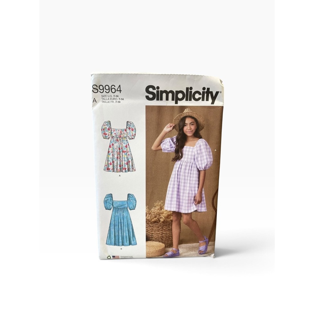 Simplicity S9964 Girls Dress Sizes 7-14 Puff Sleeve Square Neck Uncut